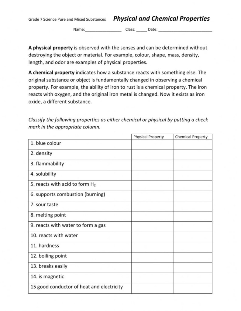 Physical And Chemical Properties Worksheet