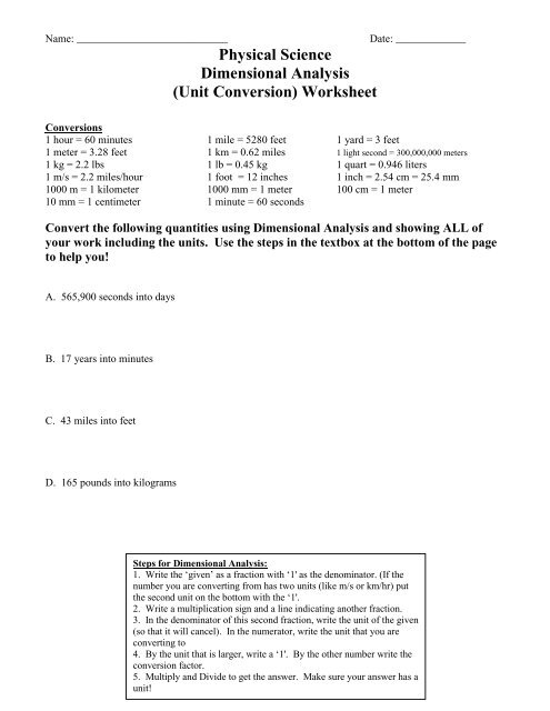 Physical Science Dimensional Analysis Unit Conversion Worksheet