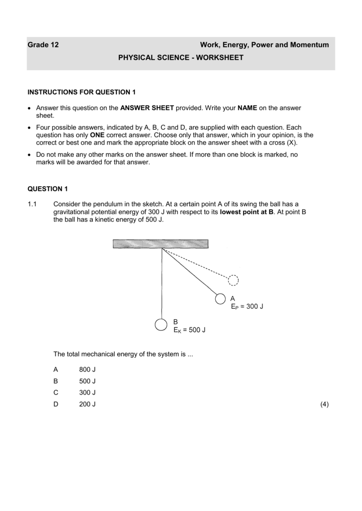 Physical SCIENCE Worksheet