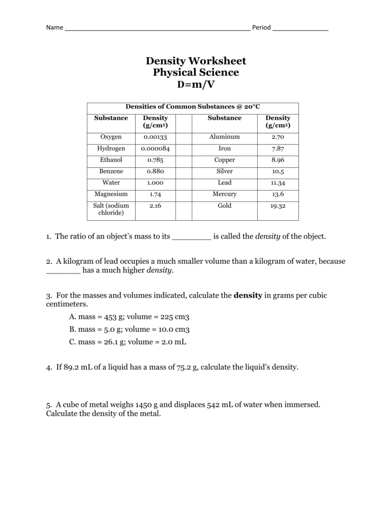 Physical Science Worksheets Answers