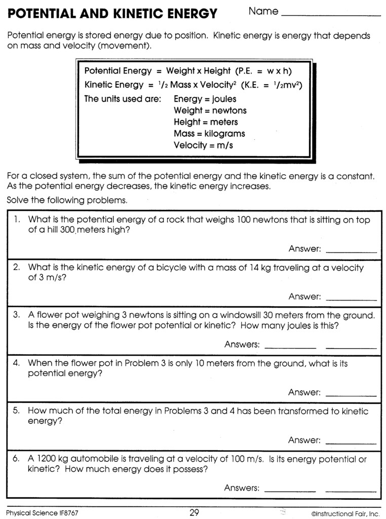 Potential And Kinetic Energy Worksheet Grade 7 Worksheet