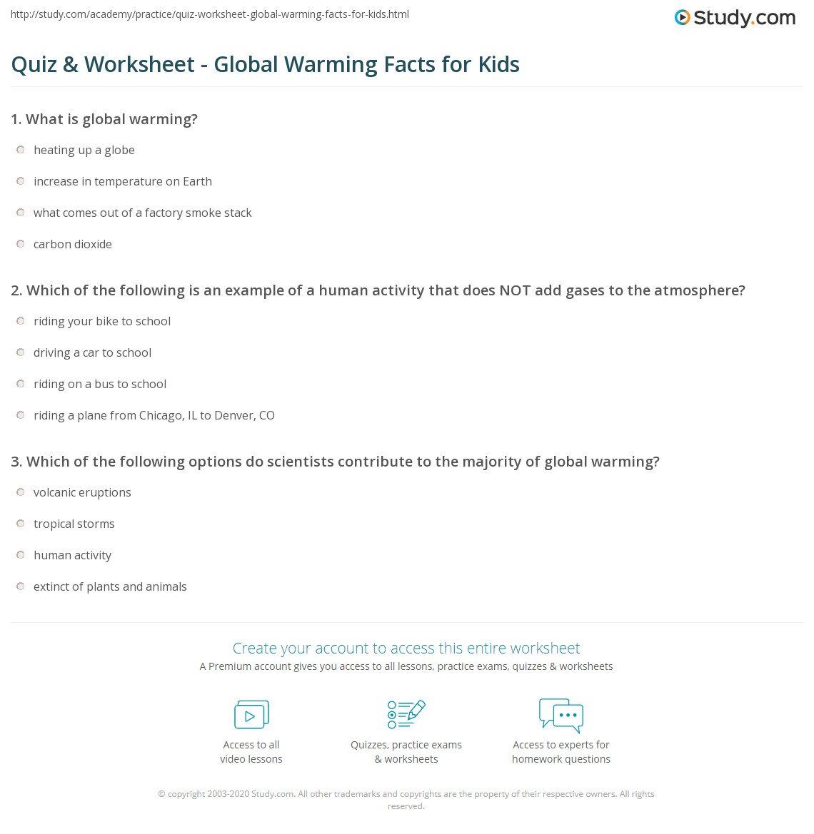 Quiz Worksheet Global Warming Facts For Kids Study