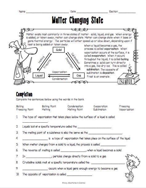 Science 8 States Of Matter Worksheet Key Worksheet