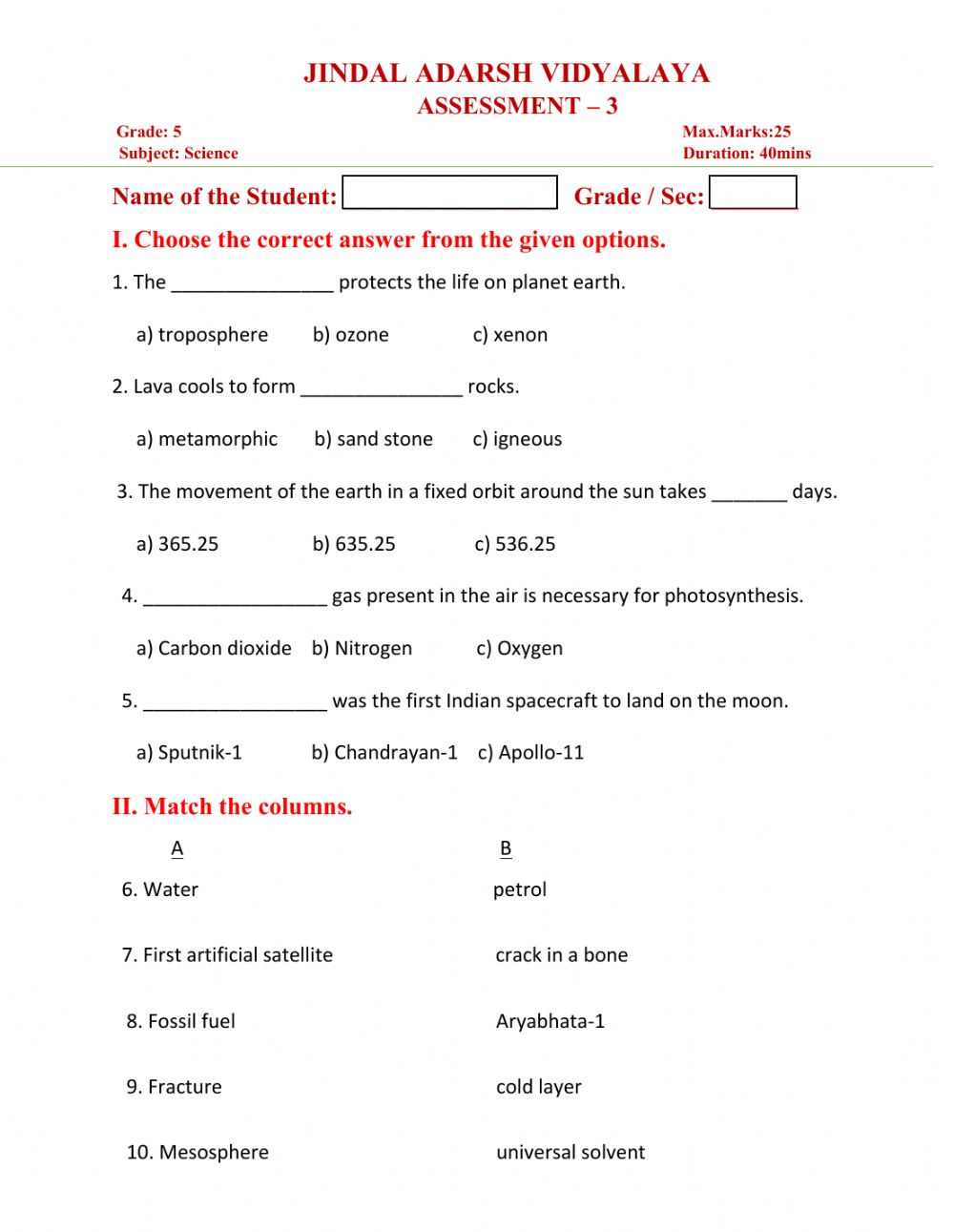 Science Grade 5 Term 3 Practice Exam Interactive Worksheet Science 