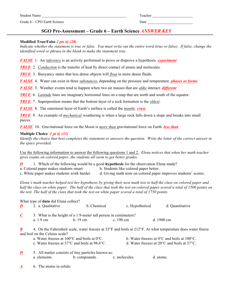 SGO Pre Assessment Grade 6 Earth Science ANSWER KEY