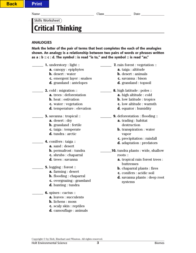 Skills Worksheet Critical Thinking Analogies Environmental Science Db 