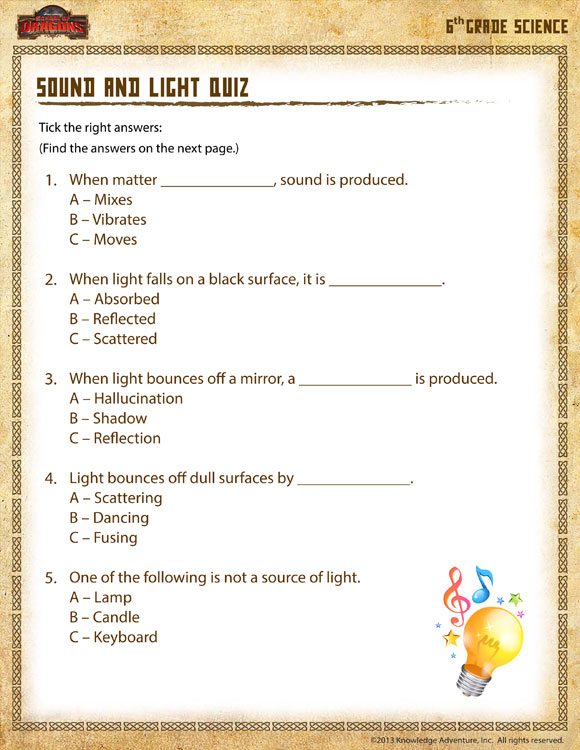 Sound And Light Quiz View 6th Grade Science Worksheets SoD