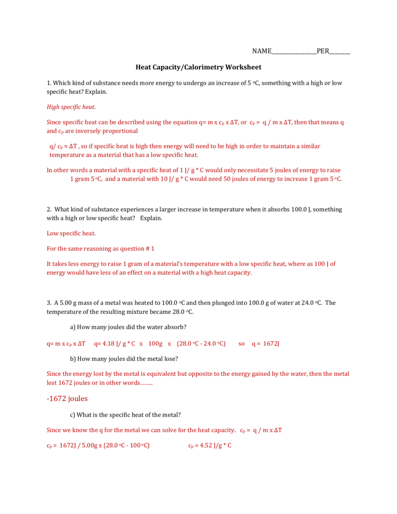  Specific Heat Worksheet Answer Key Free Download Qstion co