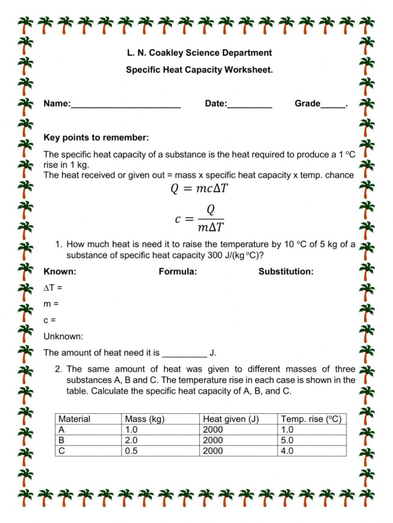 Specific Heat Worksheet Answers