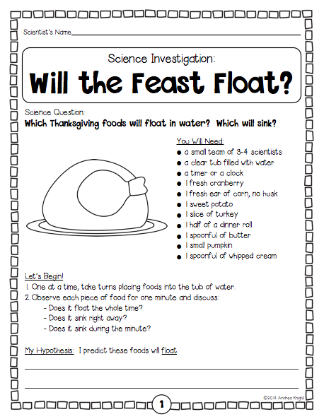  Will The Feast Float A Sample Investigation From The Thanksgiving Science Pack 5 