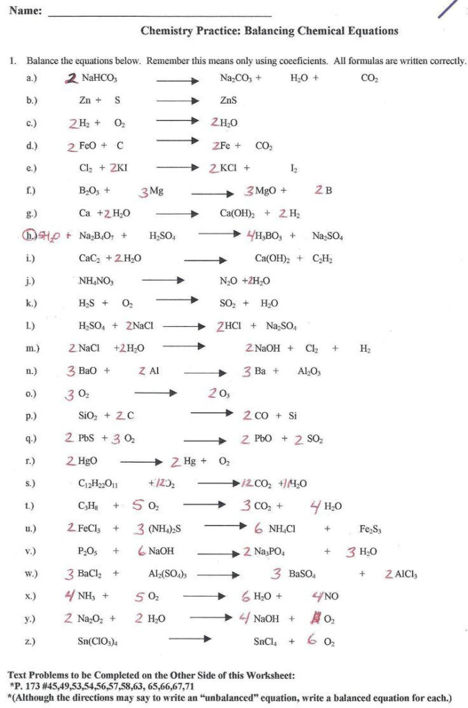 Worksheet For Class 10 Chemistry Chemical Reactions And Equations 