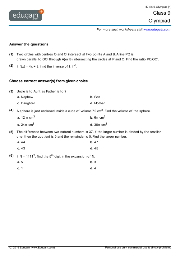 Year 9 Olympiad Printable Worksheets Online Practice Online Tests 