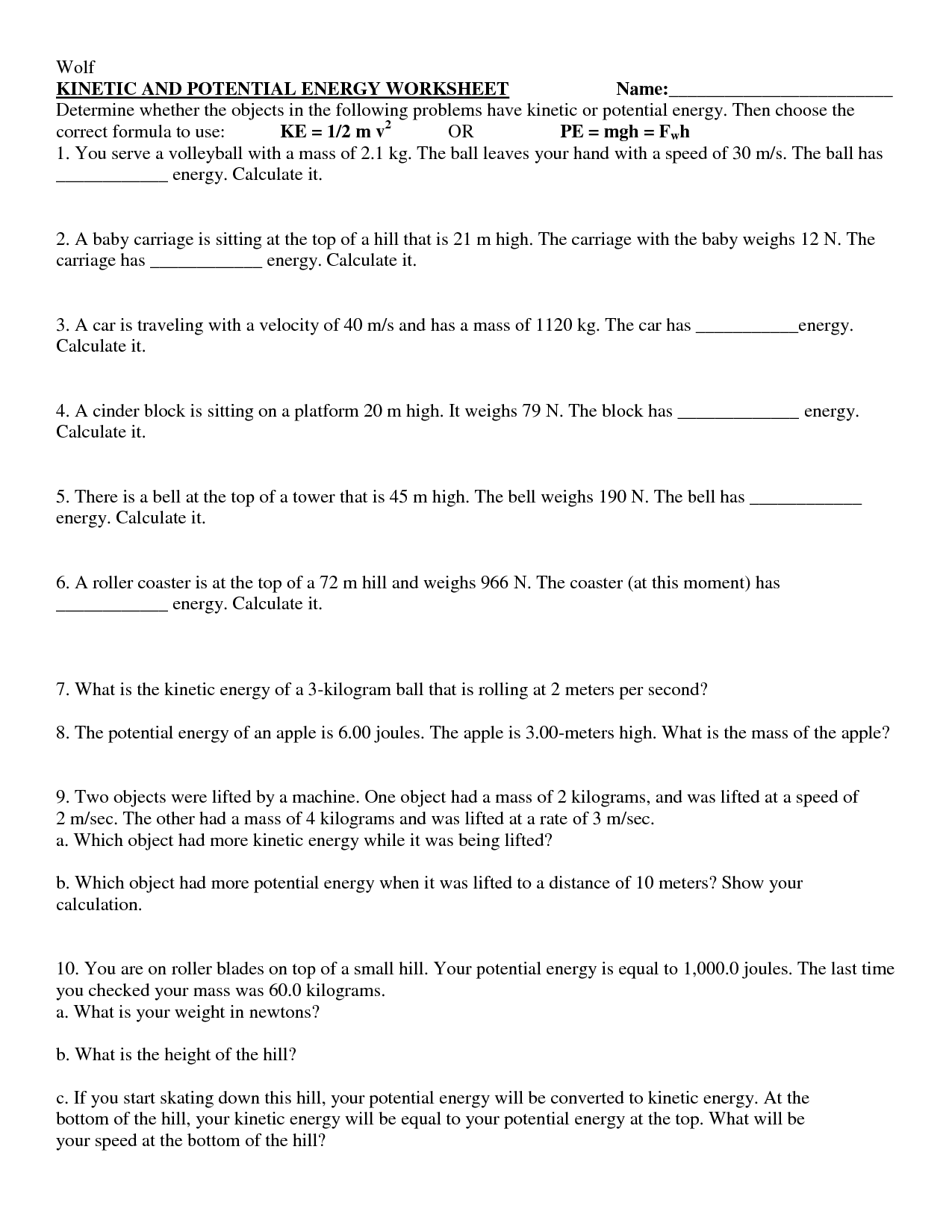 15 Potential Energy Worksheets With Answer Key Worksheeto ...