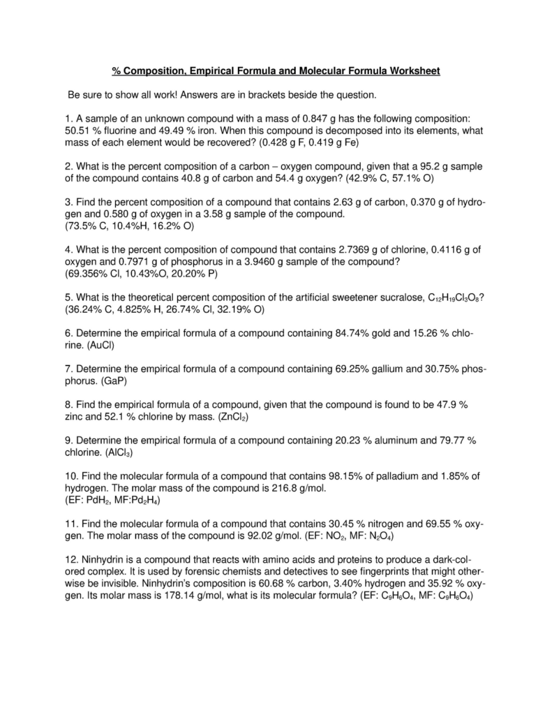 40 Molecular Mass And Percent Composition Worksheet Answers Worksheet 