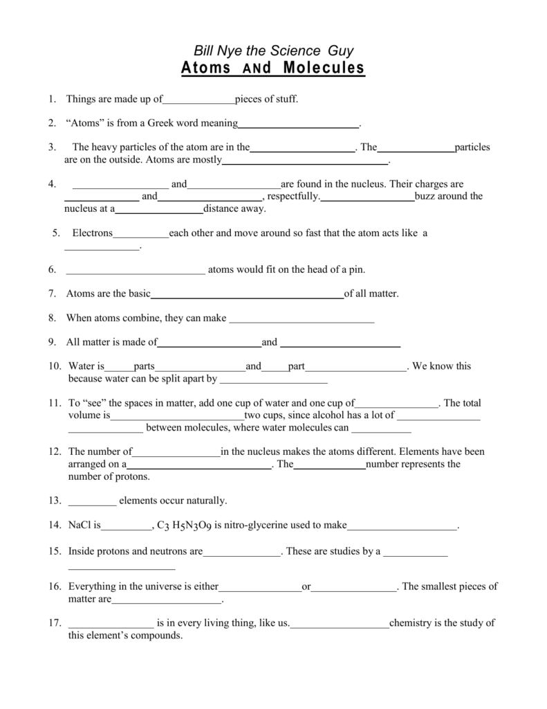 43 Bill Nye Atoms And Molecules Worksheet Answer Key Worksheet Works