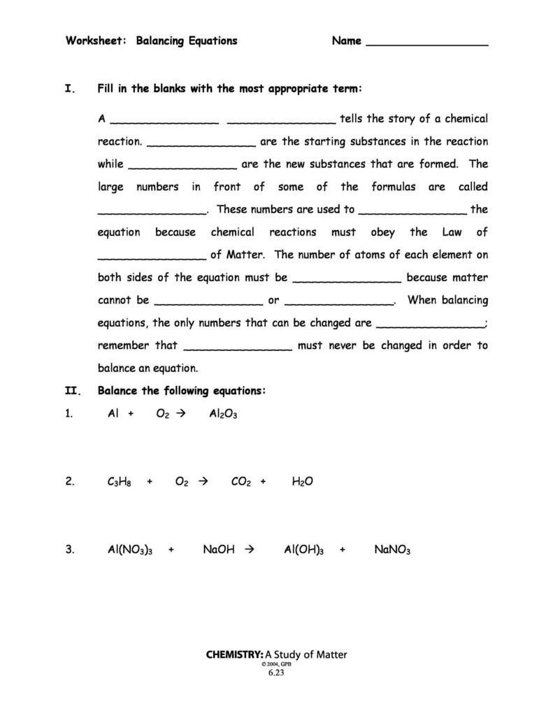 49 Balancing Chemical Equations Worksheets with Answers 