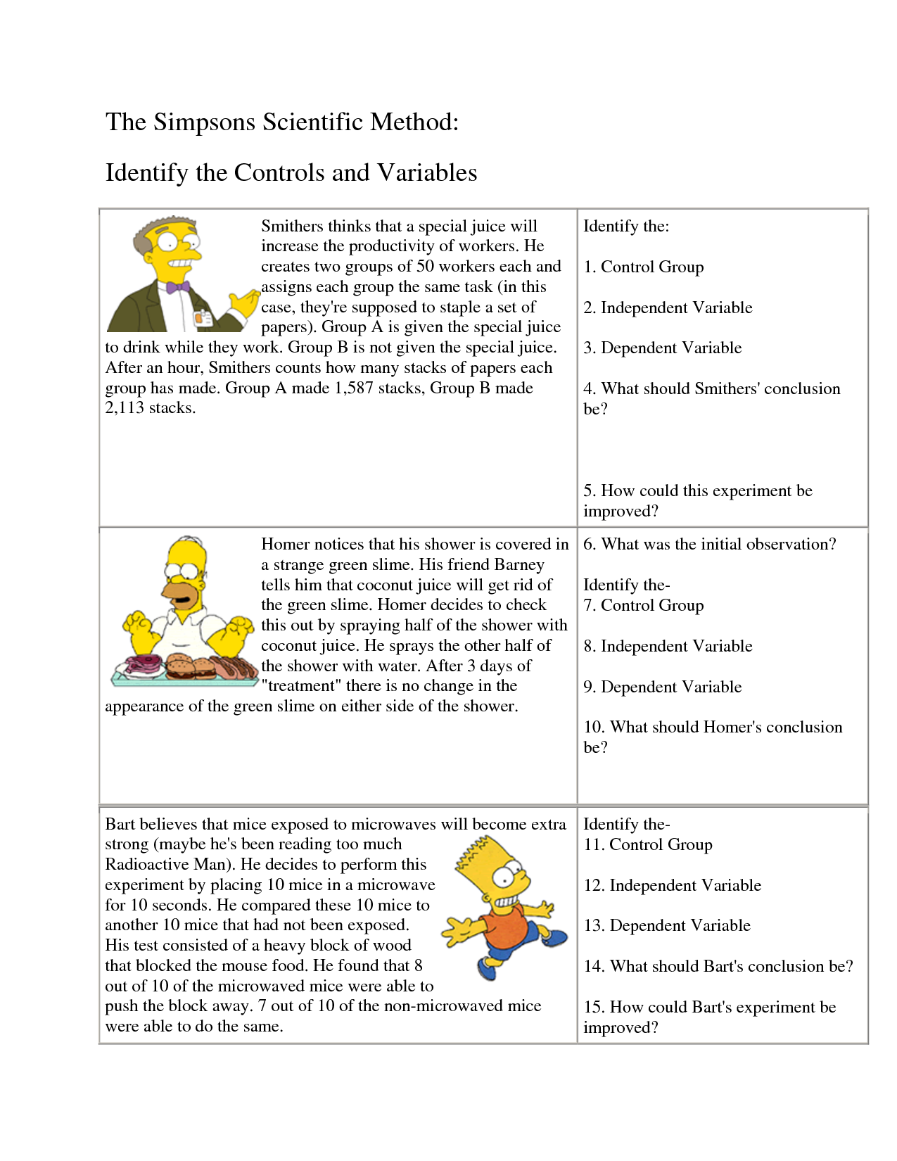 5th Grade Science Variables Worksheet
