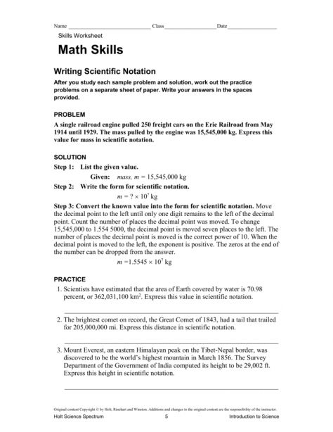 7 Holt Science Spectrum Worksheet Answers Scientific Notation 