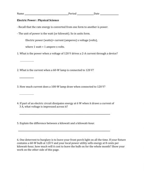 8 Electric Power Physical Science Worksheet Answers Science 