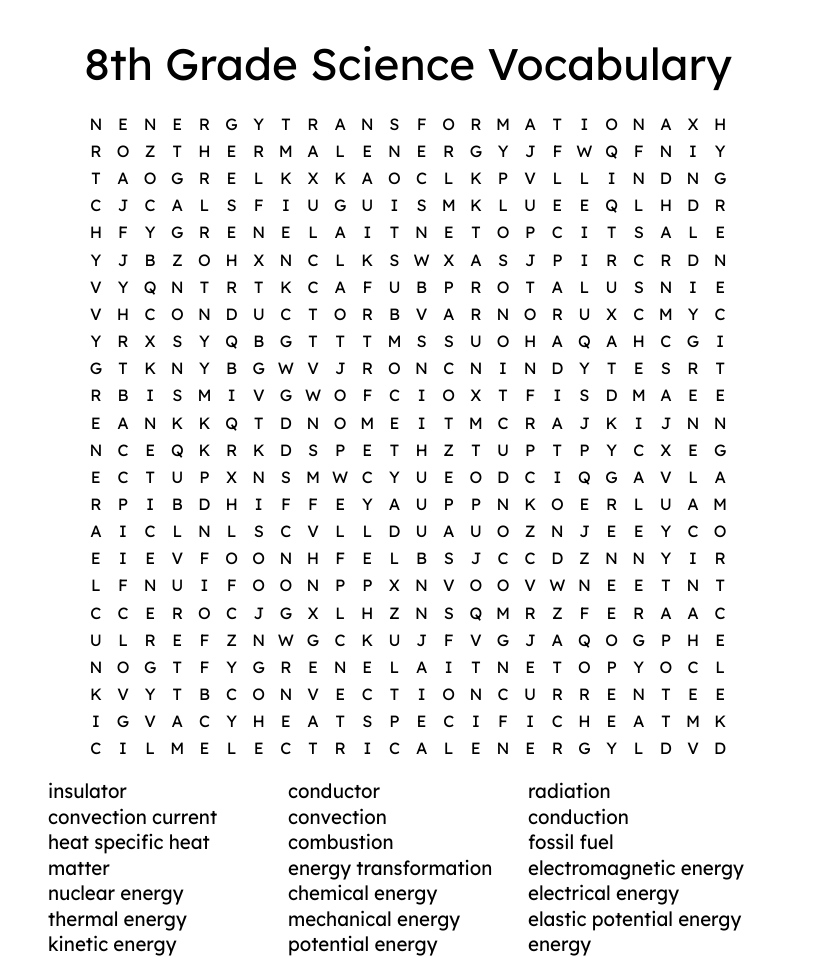 8th Grade Science Vocabulary Word Search WordMint