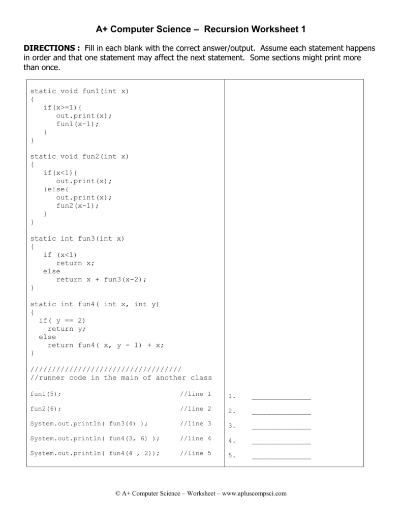 A Computer Science Output Worksheet 1 Answers Studying Worksheets