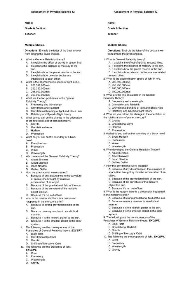 Assessment In Physical Science 12 1