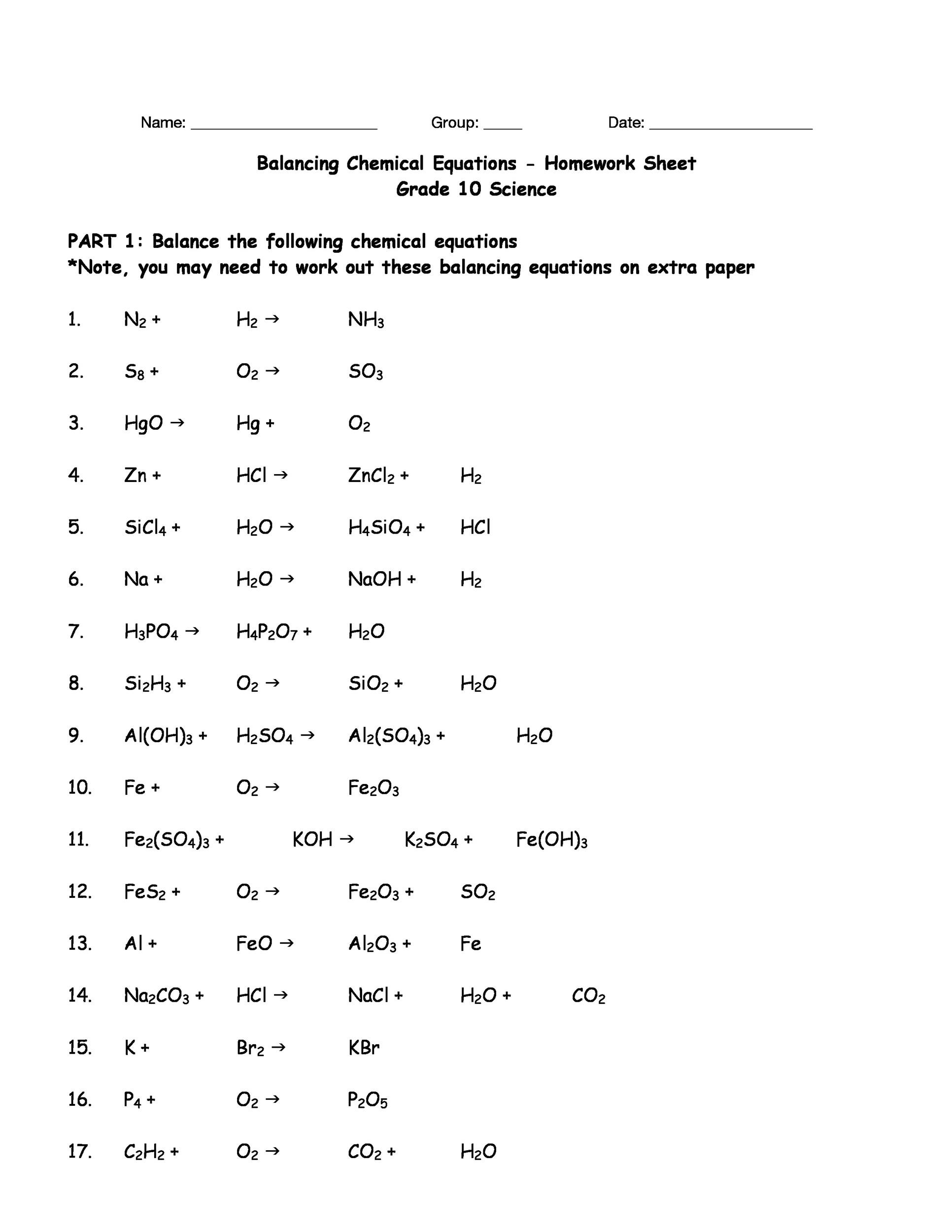 Balancing Equation Worksheet With Answers