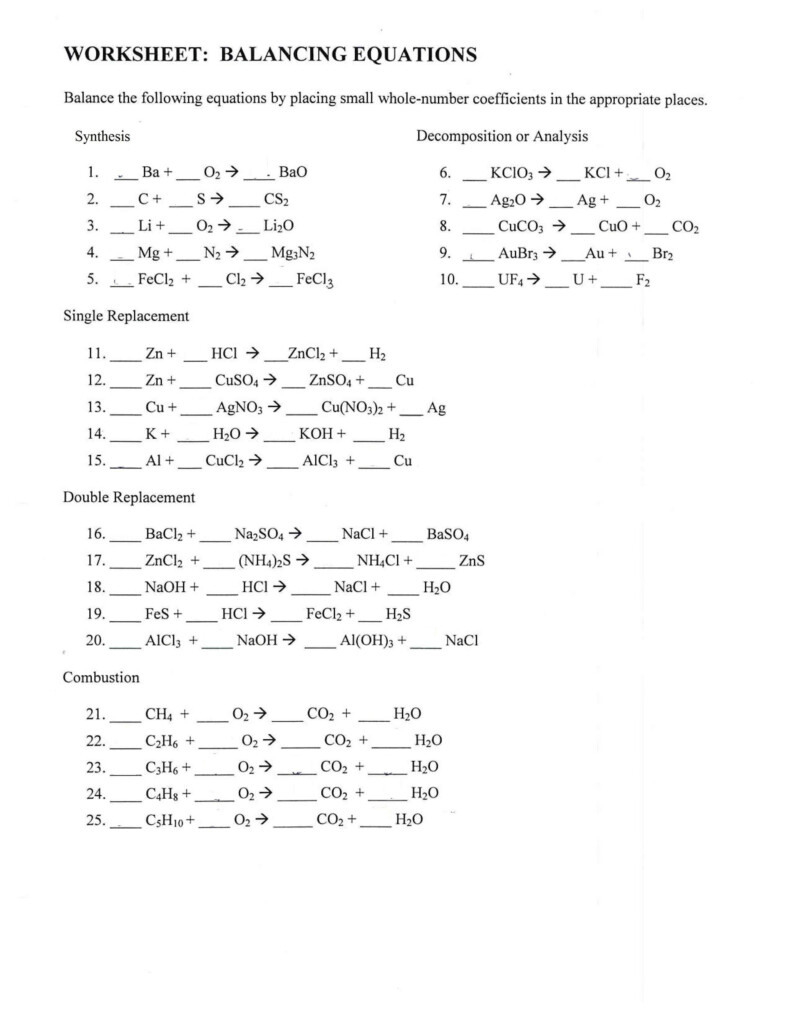 Balancing Equations Worksheet Answers 1 20