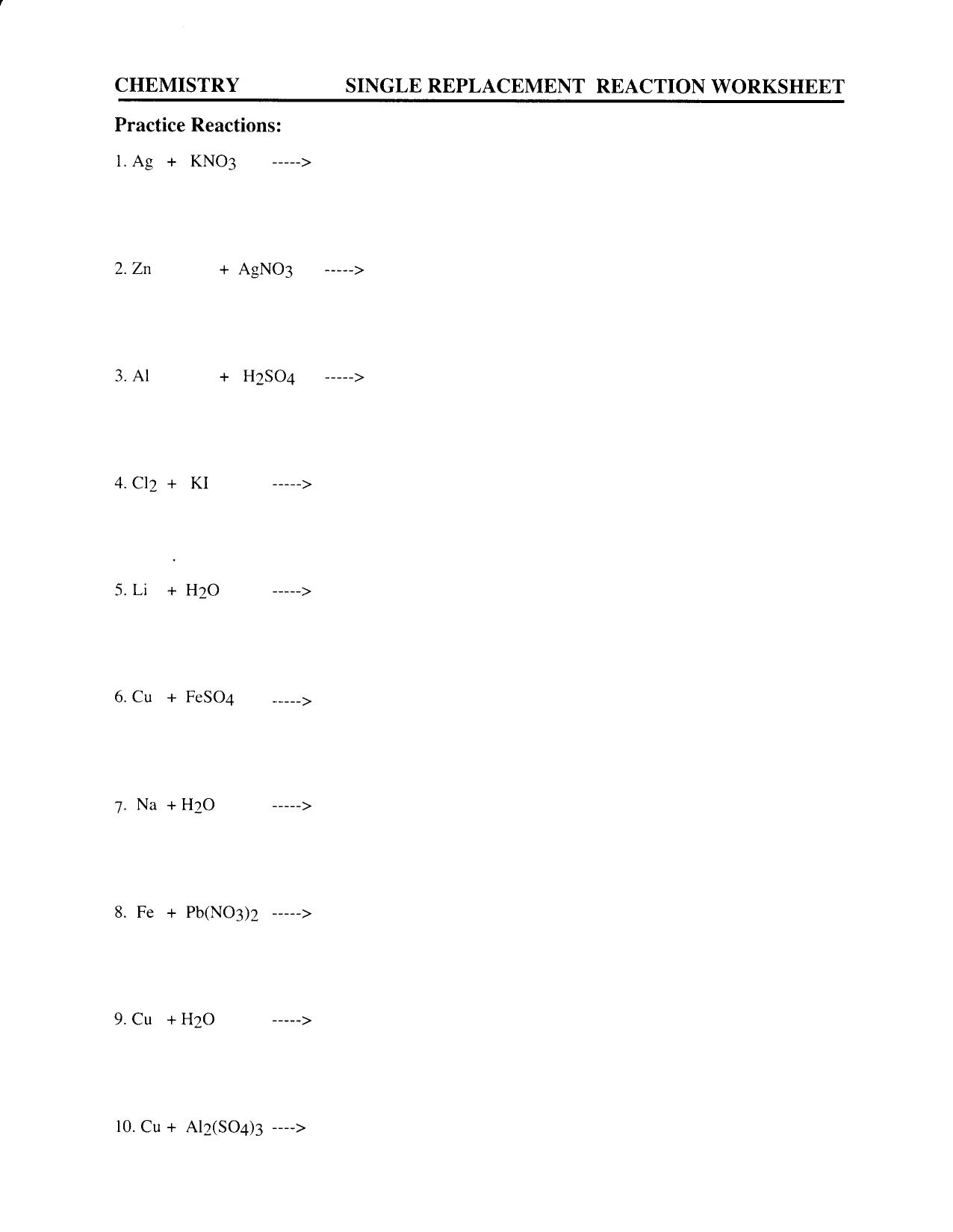 Balancing Single Replacement Reactions Worksheets Answers