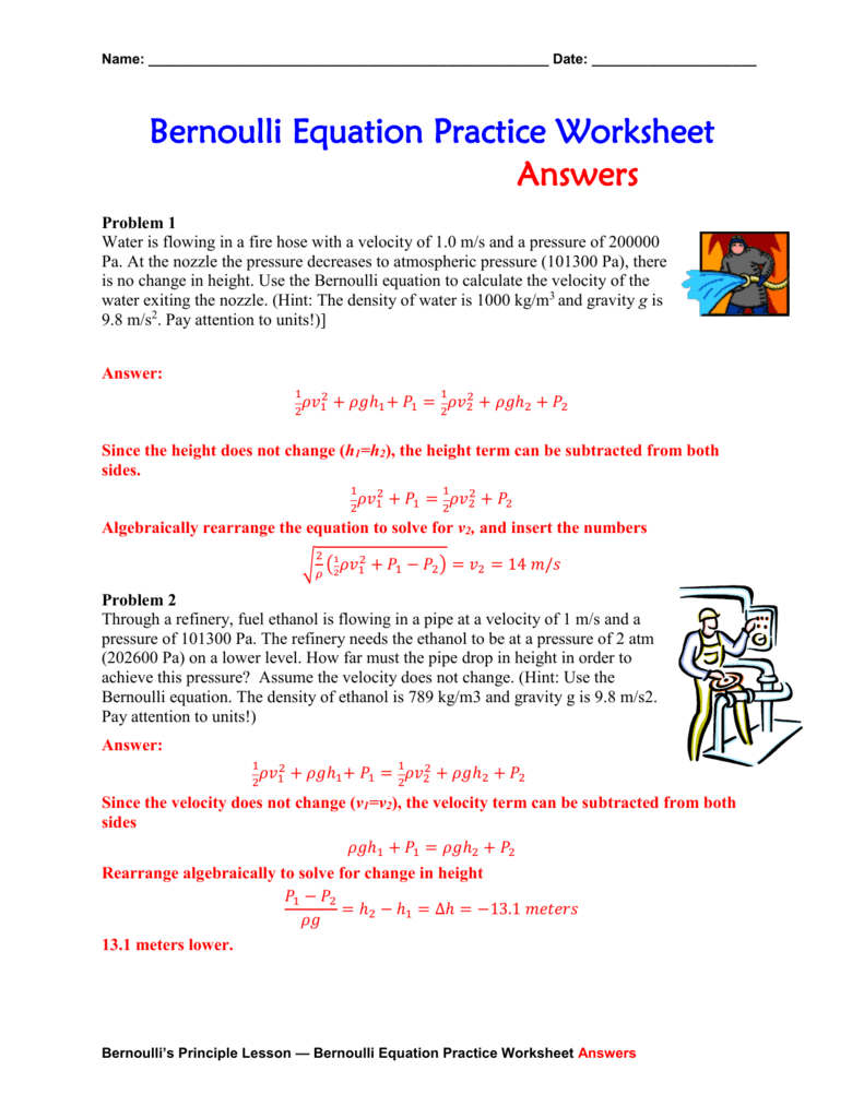 Bernoulli Equation Practice Worksheet Answers doc