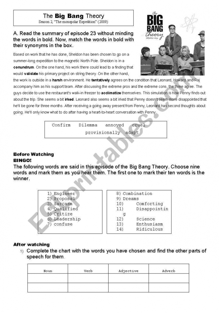 Big Bang Theory Worksheet