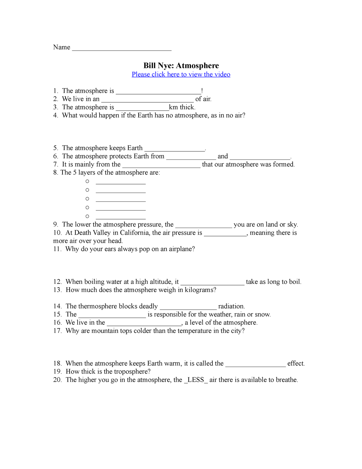 Bill Nye Atmosphere Worksheet