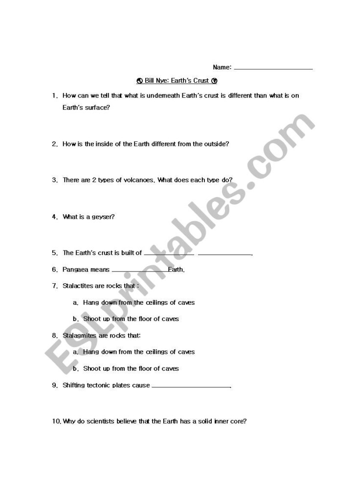 Bill Nye Earth s Crust ESL Worksheet By JL Teach