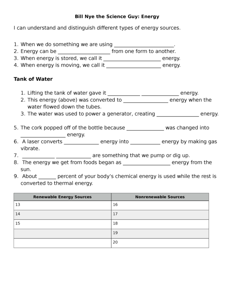 Bill Nye Energy Worksheet Bill Nye The Science Guy Energy I Can 