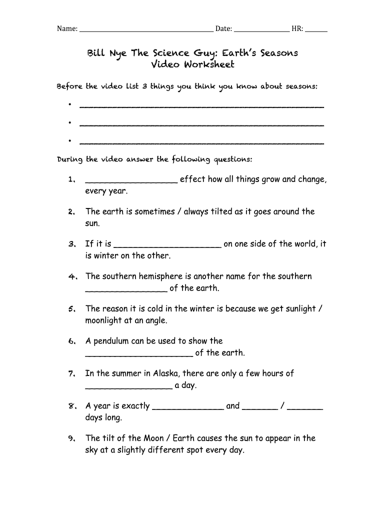 Bill Nye Seasons Worksheets