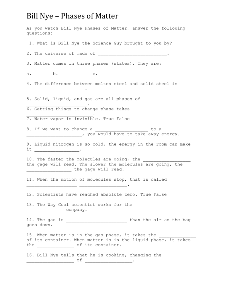 Bill Nye The Science Guy Phases Of Matter Worksheet Answers