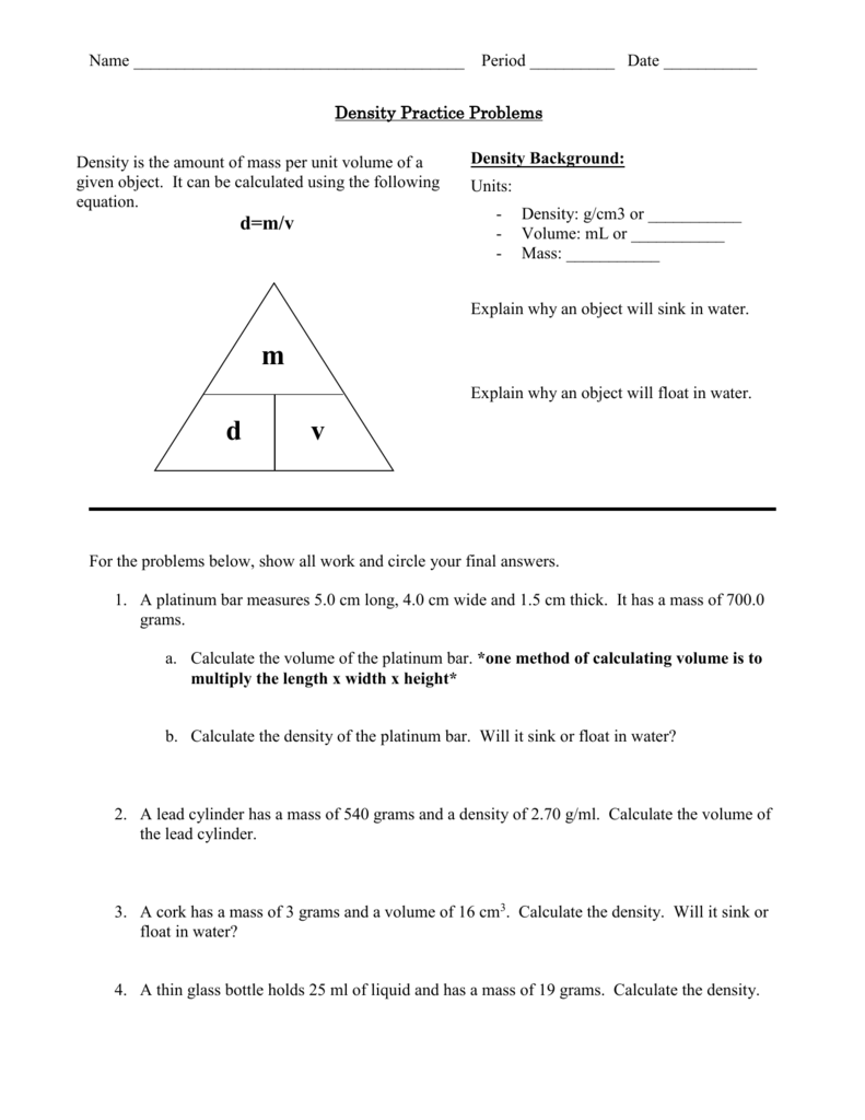 Calculating Density Worksheet