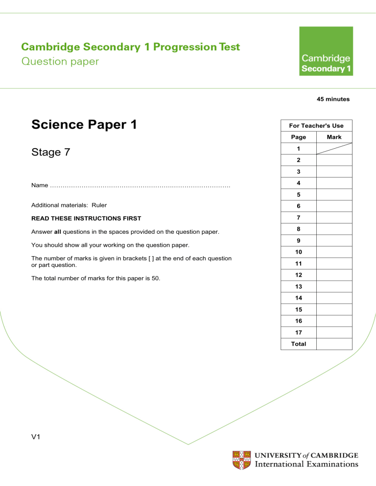 Cambridge Secondary Progression Test Stage 7 Science Paper 1