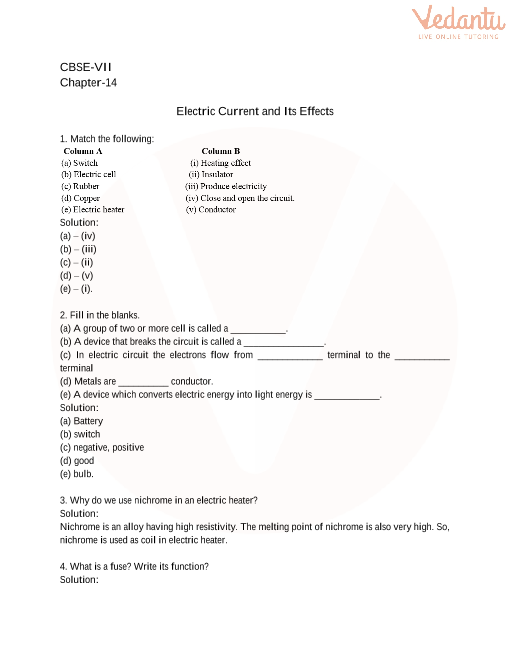 CBSE Class 7 Science Electric Current And Its Effects Worksheets With ...