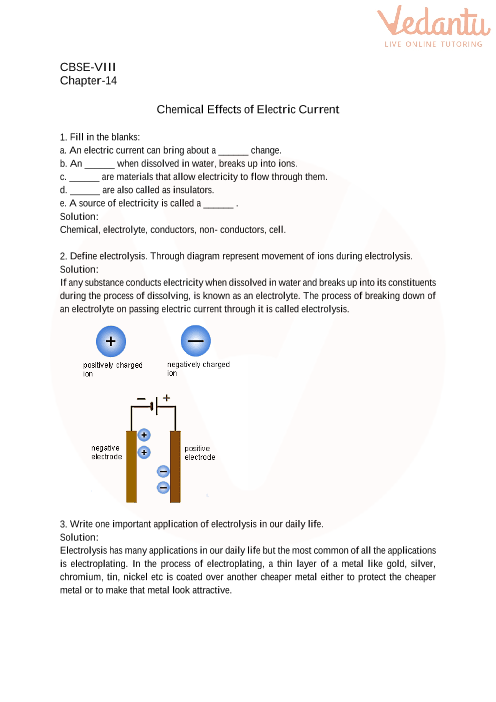 CBSE Class 8 Science Chemical Effects Of Electric Current Worksheets 