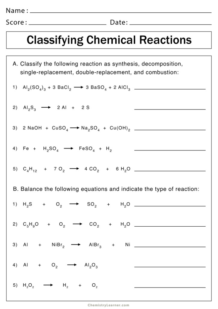 Chemical Reactions Types Worksheet