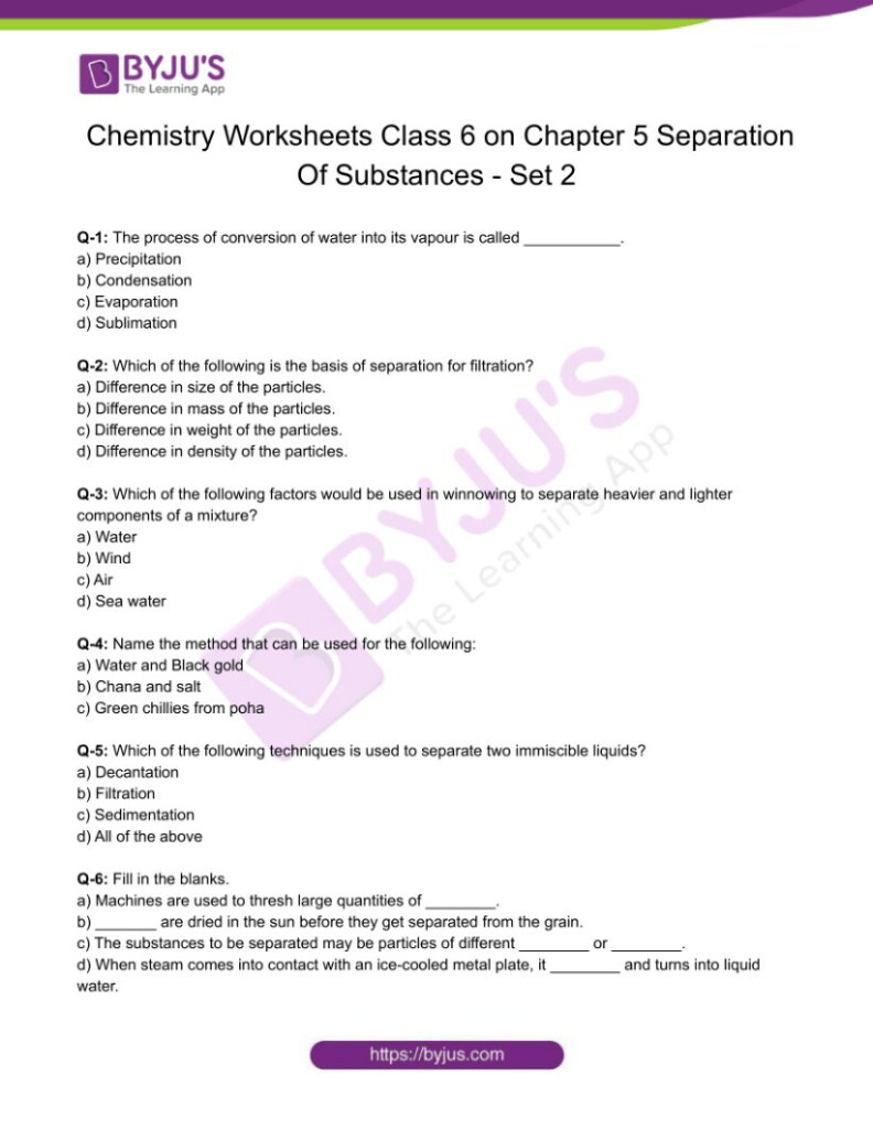 Class 6 Chemistry Worksheet On Chapter 5 Separation Of Substances Set 2