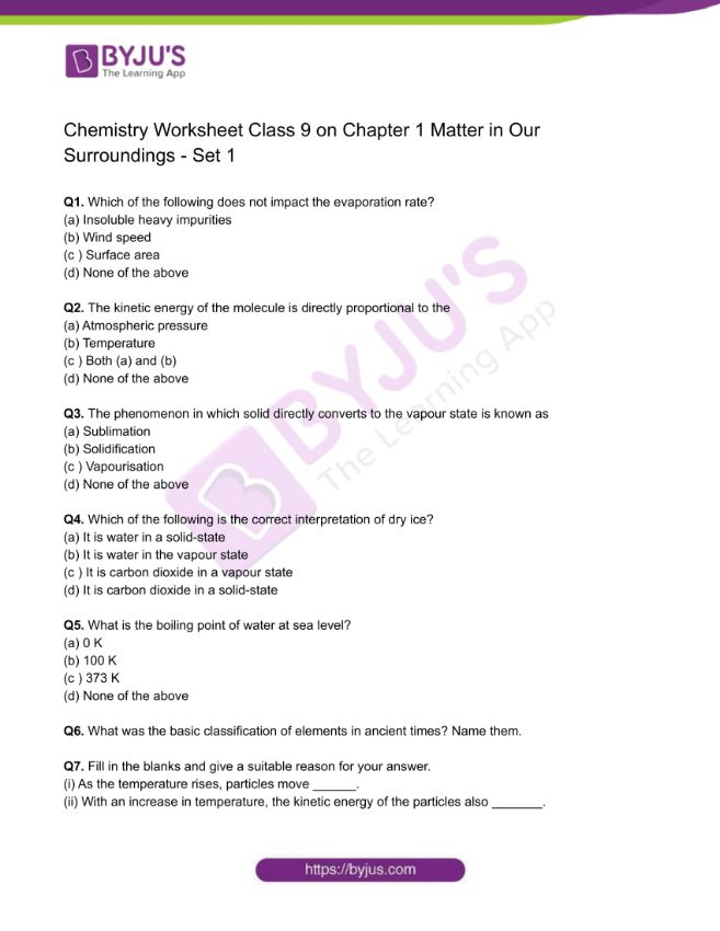 Class 9 Chemistry Worksheet On Chapter 1 Matter In Our Surroundings Set 1
