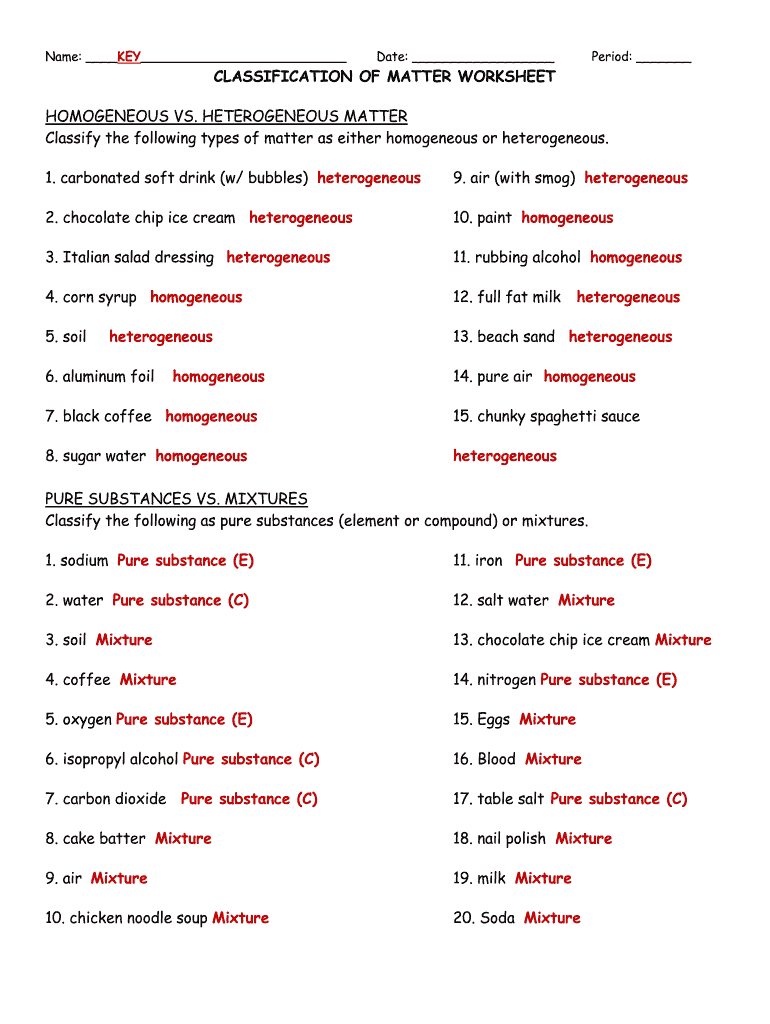 Classification Of Matter Worksheet Fill Online Printable Fillable