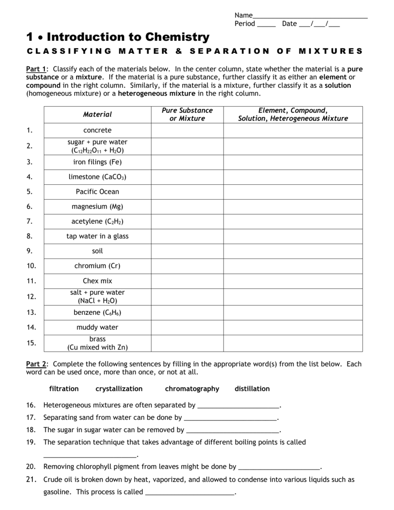 Classification Of Matter Worksheet