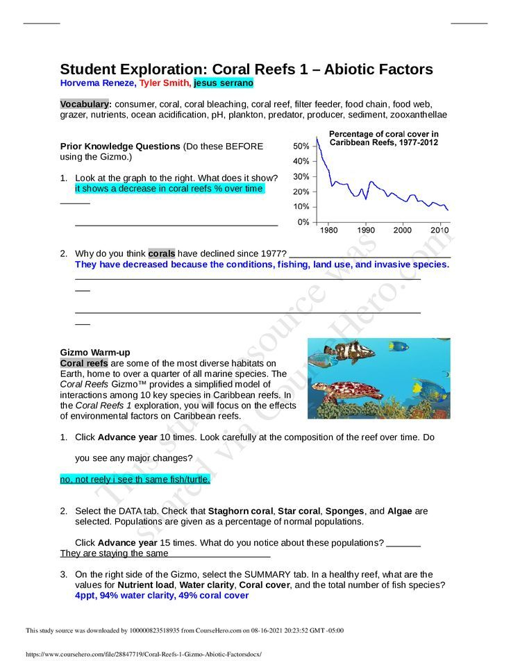 Coral Reefs Worksheet Answers