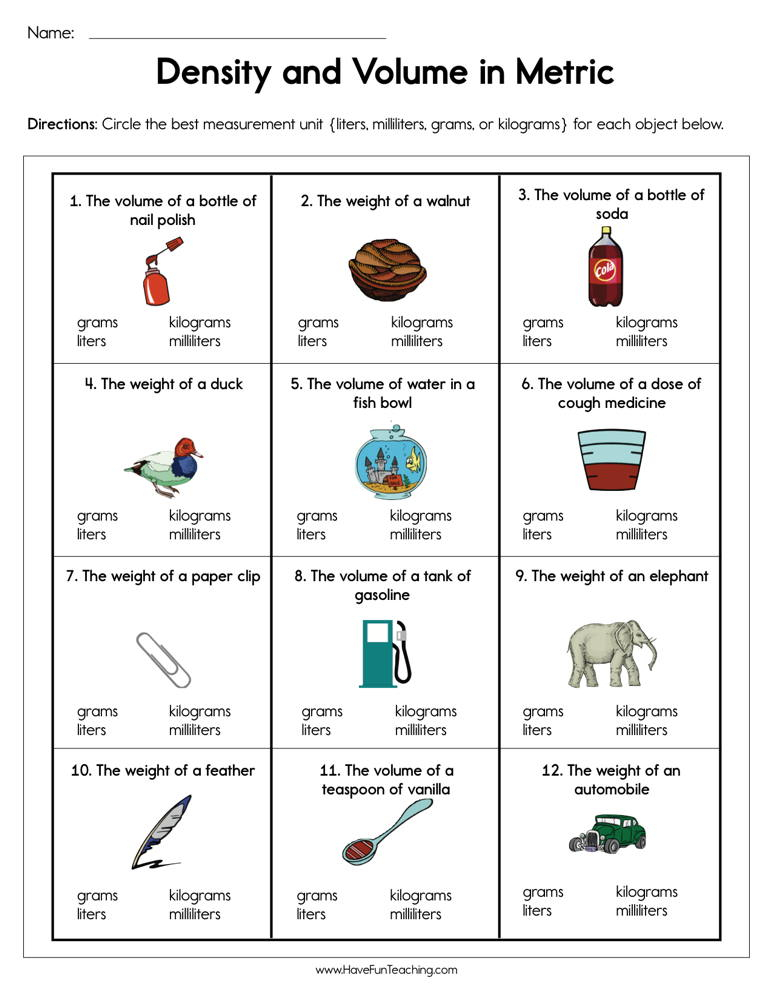 Density And Volume In Metric Worksheet By Teach Simple