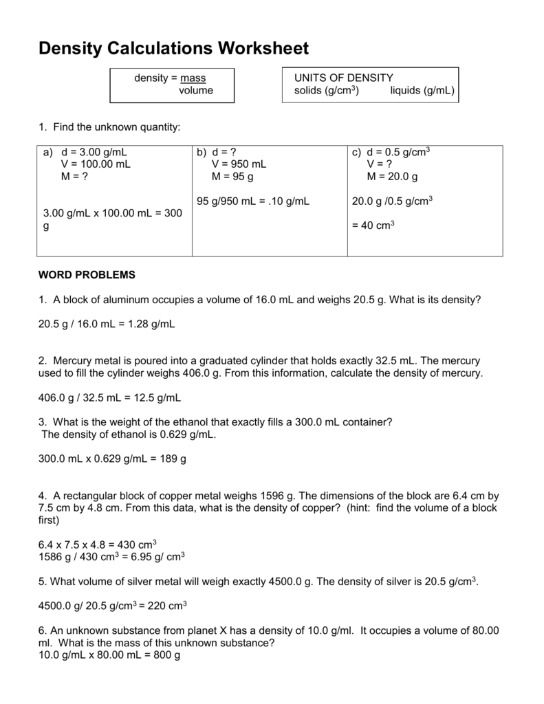 Density Calculations Worksheet Answer Key