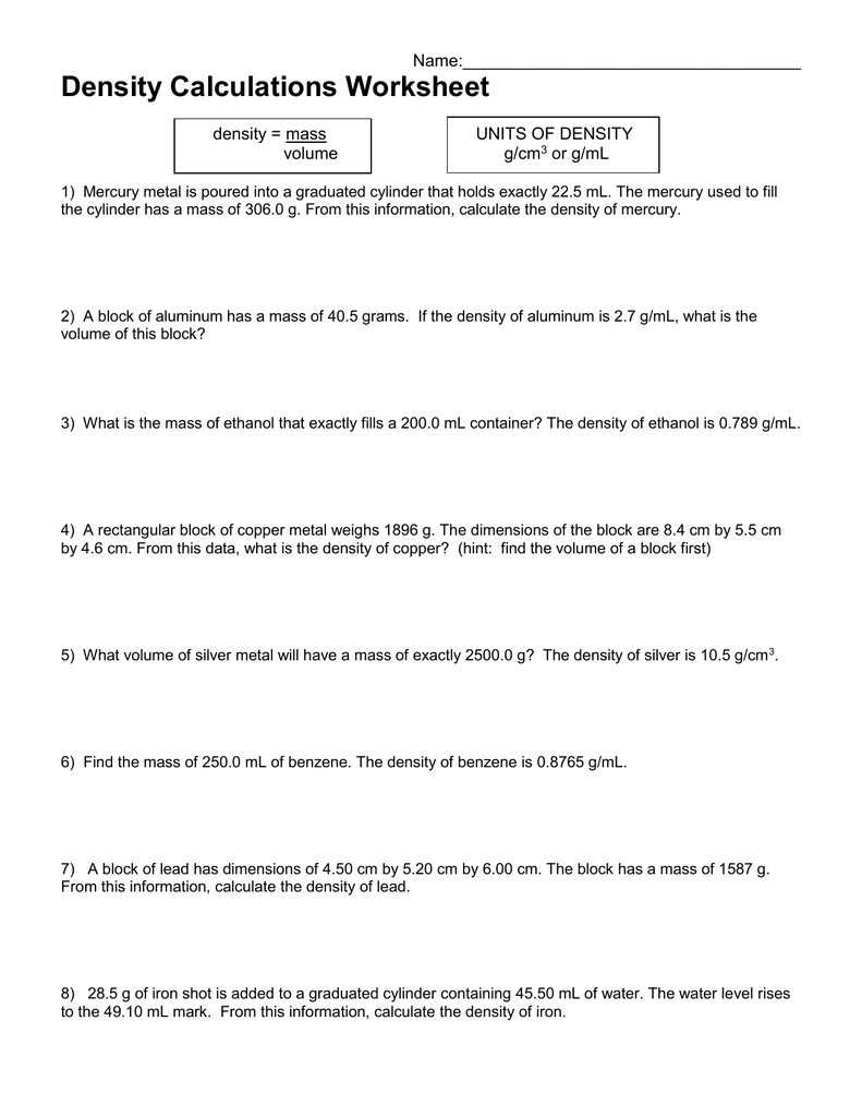 Density Calculations Worksheet Answers