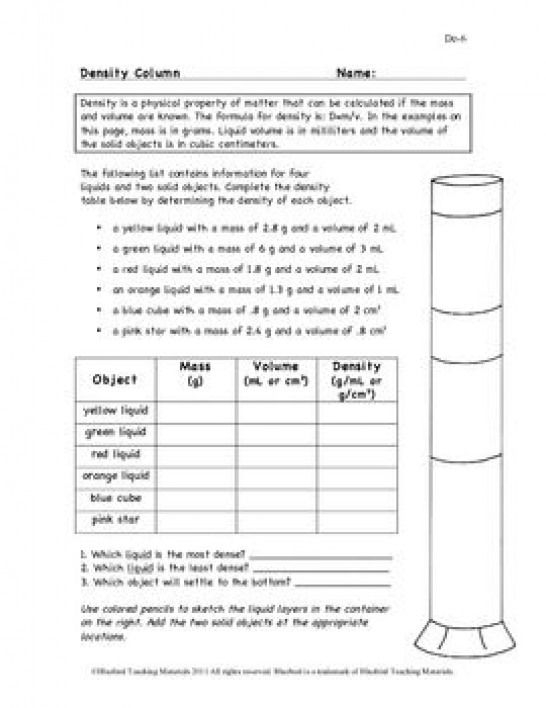 Density Worksheet 6th Grade Science